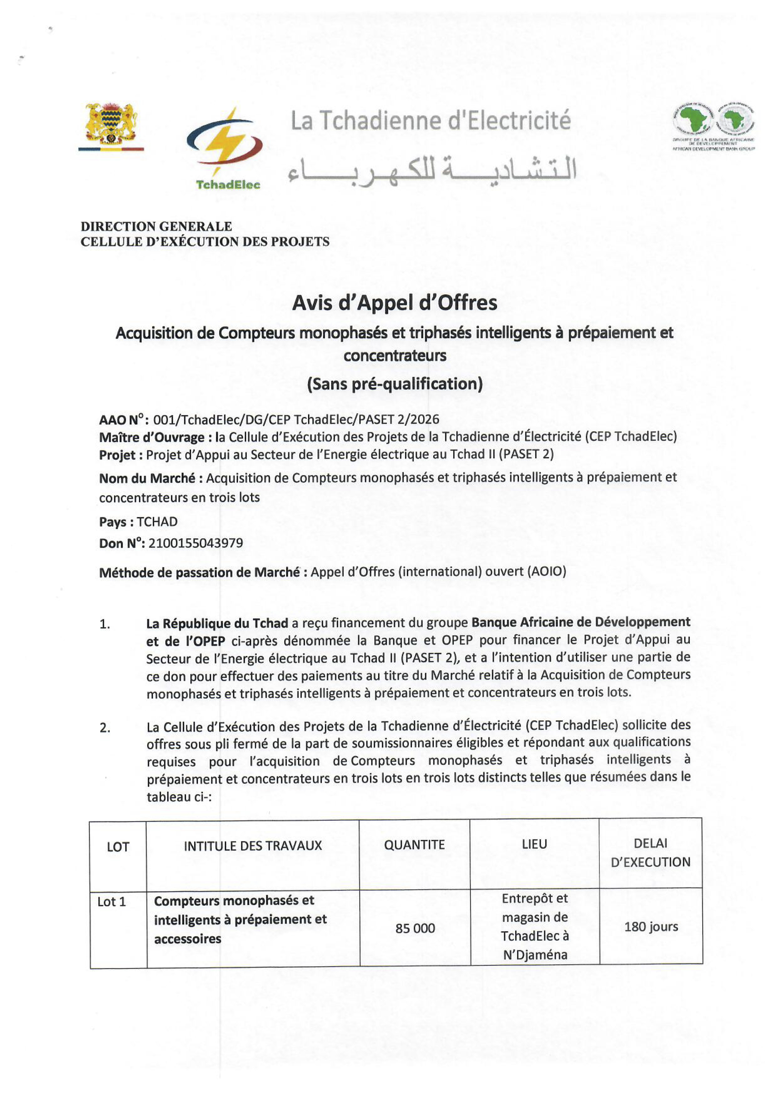 Tchad : Acquisition de compteurs monophasés et triphasés intelligents à prépaiement et concentrateurs (AAO pour le PASET 2)