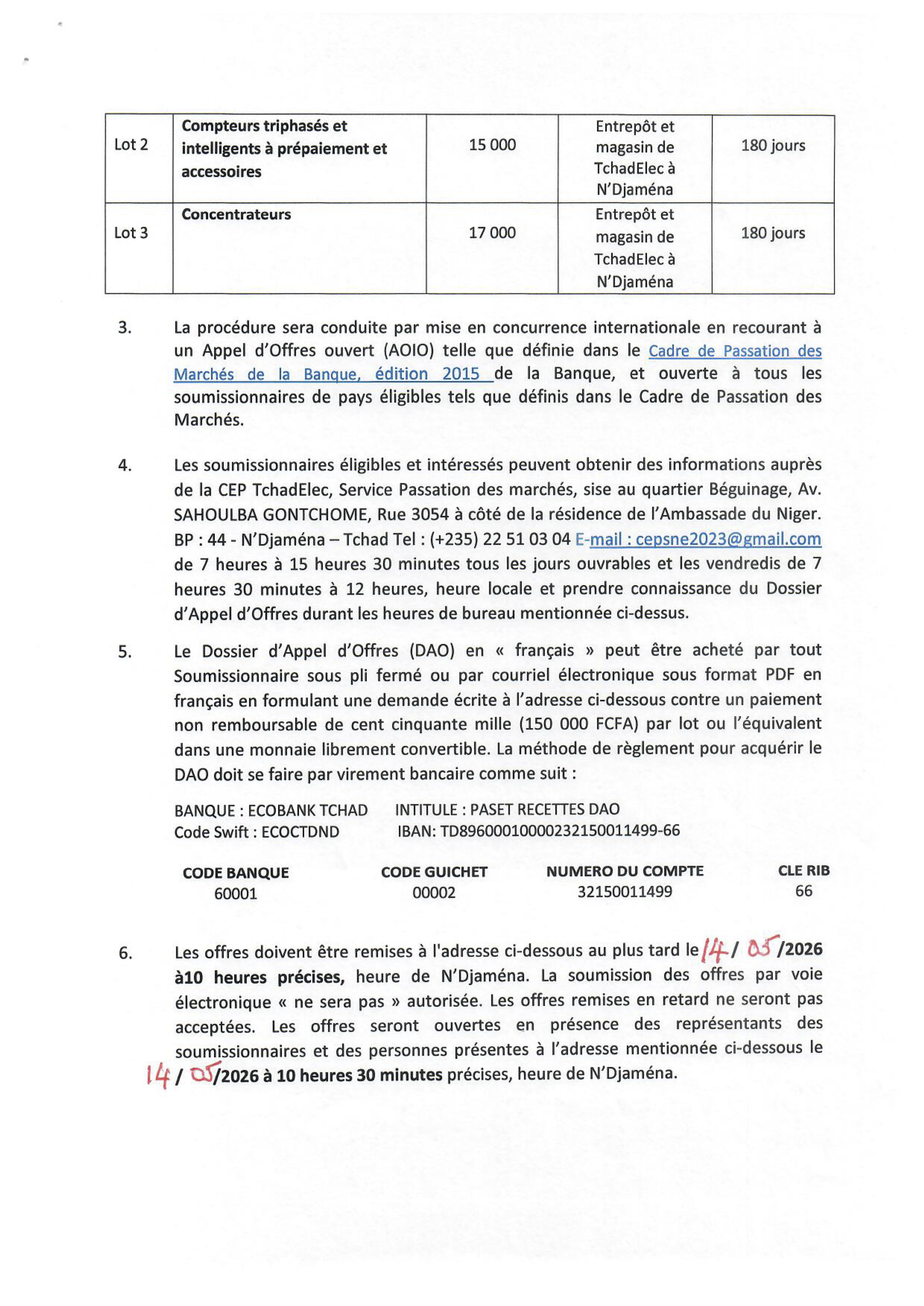 Tchad : Acquisition de compteurs monophasés et triphasés intelligents à prépaiement et concentrateurs (AAO pour le PASET 2)