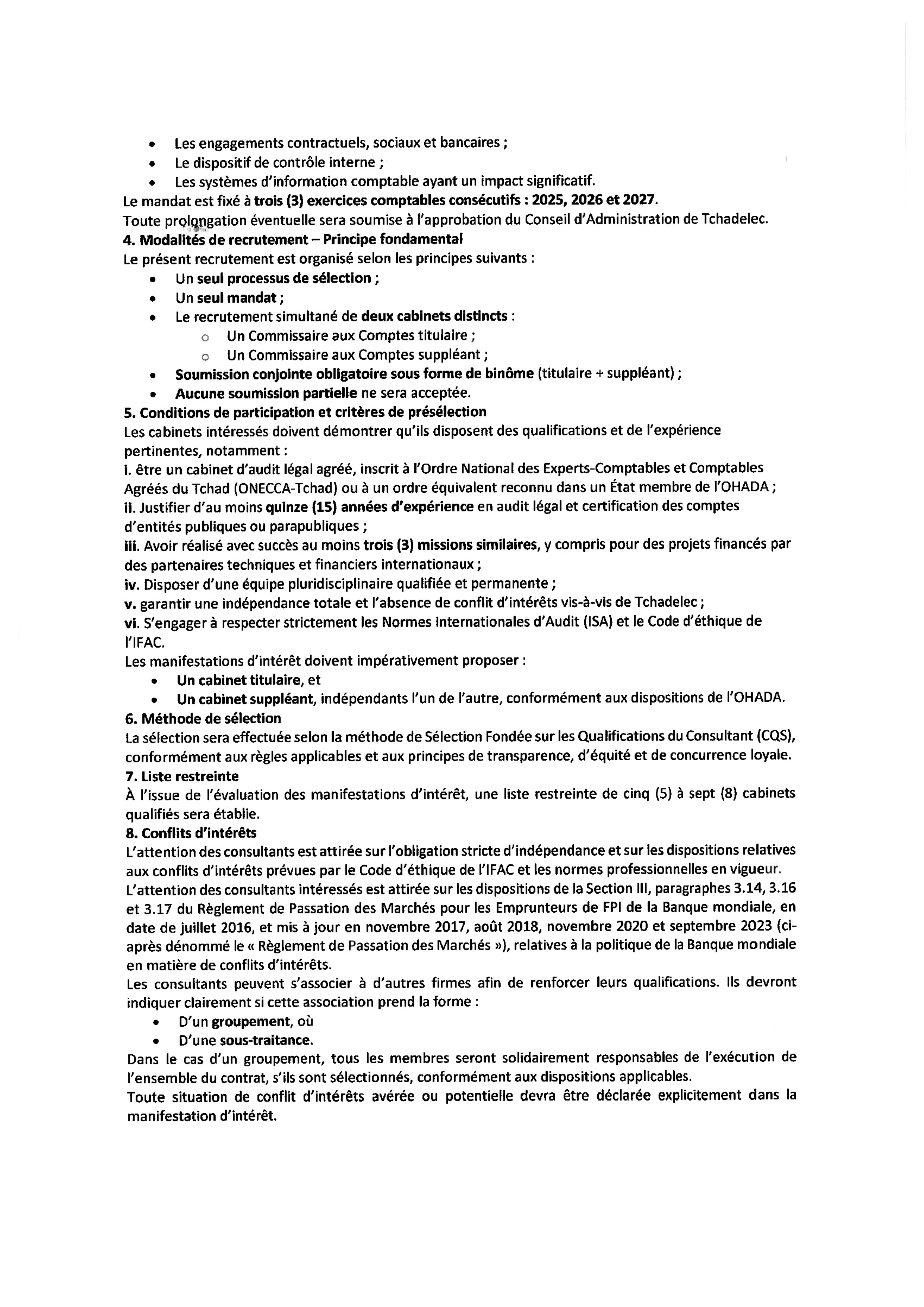 Tchad : Appel à Manifestation d'Intérêt pour le recrutement d'un Commissaire aux Comptes (Projet PAAET/TchadElec)