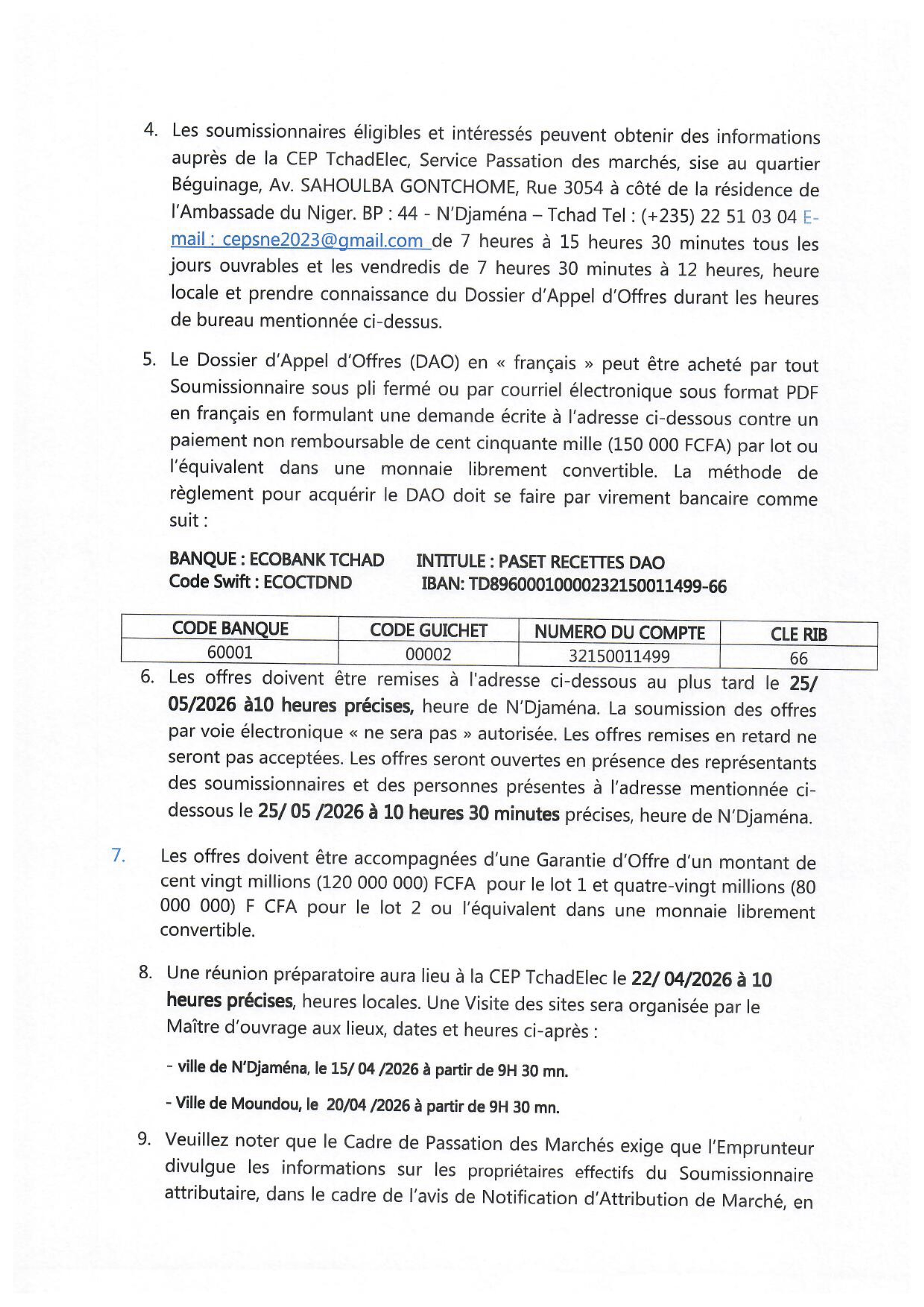 AAO pour le renforcement du réseau de distribution MT et BT à N'Djamena et hybridation et extension de la centrale à gaz à Moundou