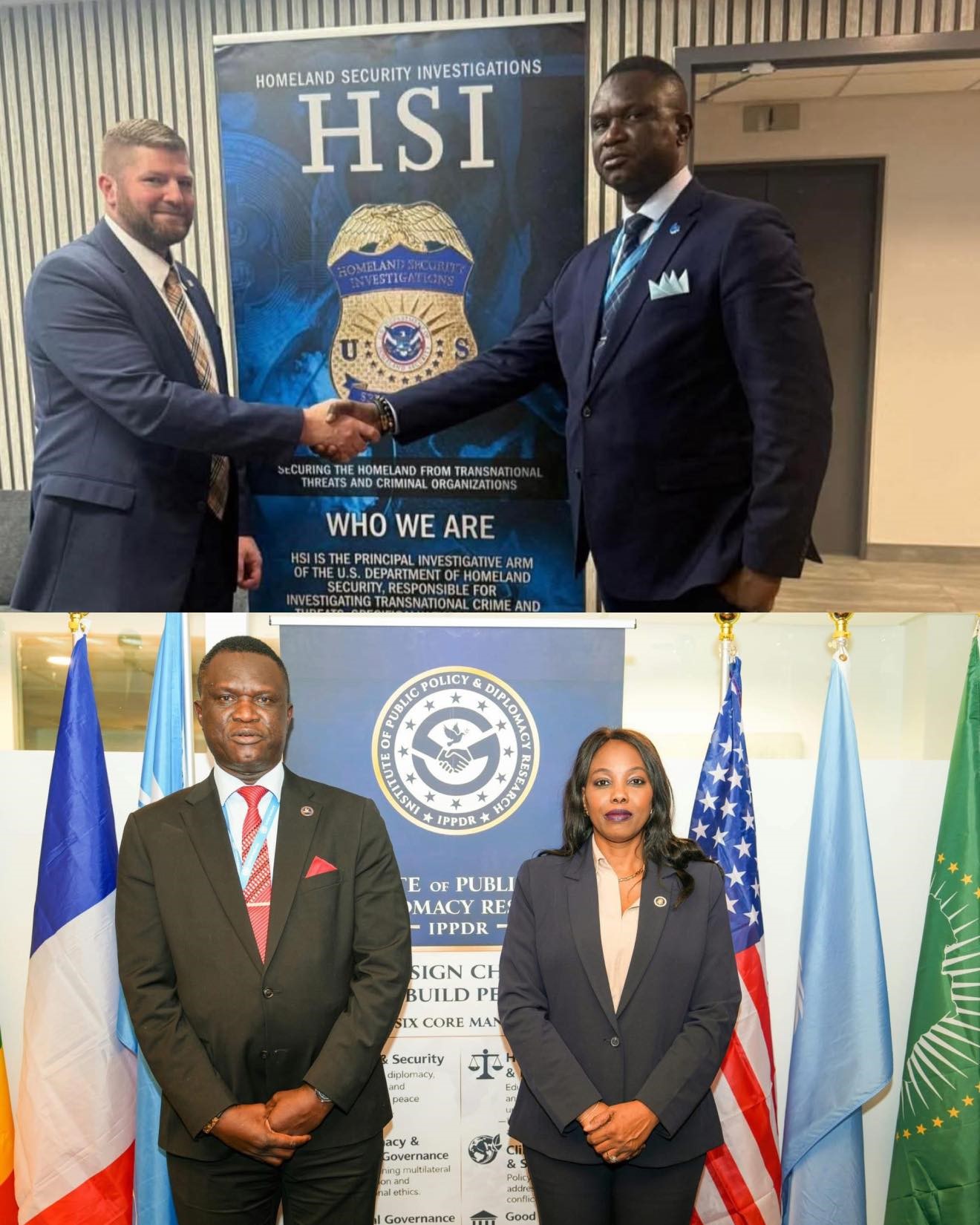 Au siège de l'Institut de recherche sur les politiques publiques et la diplomatie (IPPDR) à New York, de hauts représentants africains, dont le fondateur, S.E. Dr Andrise Bass, et M. Richard Stephien, du service des enquêtes de sécurité intérieure (HSI), posent aux côtés de drapeaux internationaux. Photo : IPPDR