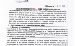 Tchad : le projet SWEDD+ recrute un(e) assistant(e) en marchés publics et un(e) assistant(e) de direction