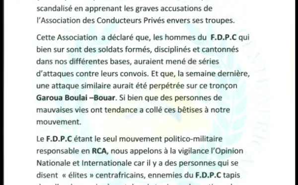Centrafrique : Le groupe rebelle FDPC dément avoir mené des séries d'attaques