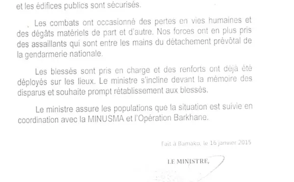 Mali : Communiqué du ministère de La Défense sur l'attaque de Teninkou