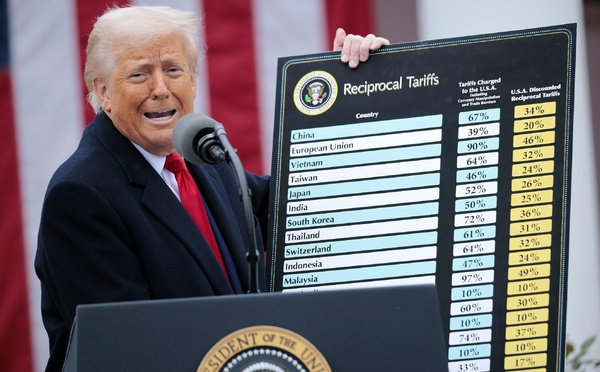 Le président américain Donald Trump brandit un graphique lors d'un discours lors d'un événement d'annonce commerciale « Make America Wealthy Again » dans la roseraie de la Maison Blanche le 2 avril 2025 à Washington, D.C. Photo : Chip Somodevilla/Getty Images.