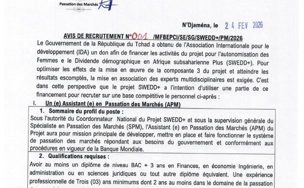 Tchad : le projet SWEDD+ recrute un(e) assistant(e) en marchés publics et un(e) assistant(e) de direction